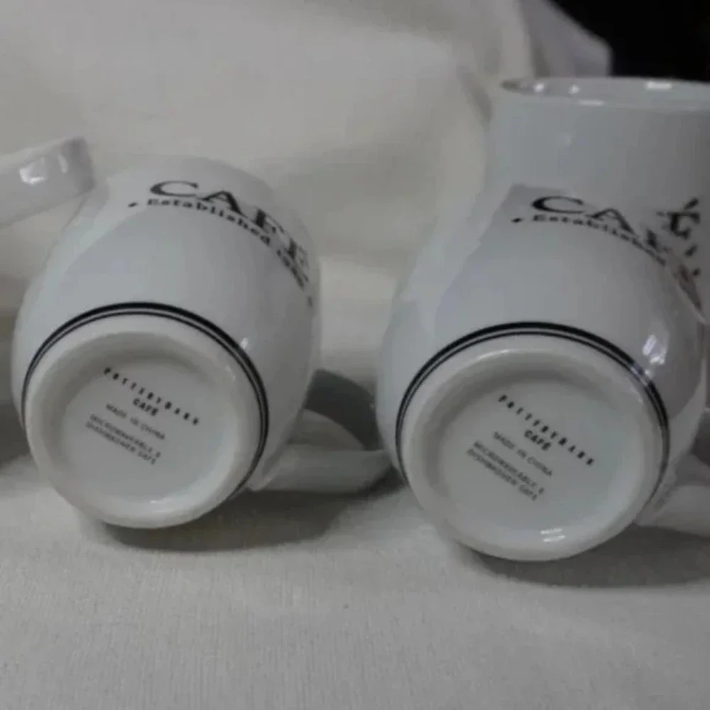 Pottery Barn Cafe Est 1986 *** Set of 2 Cups *** White with Black Design - Picture 5 of 9